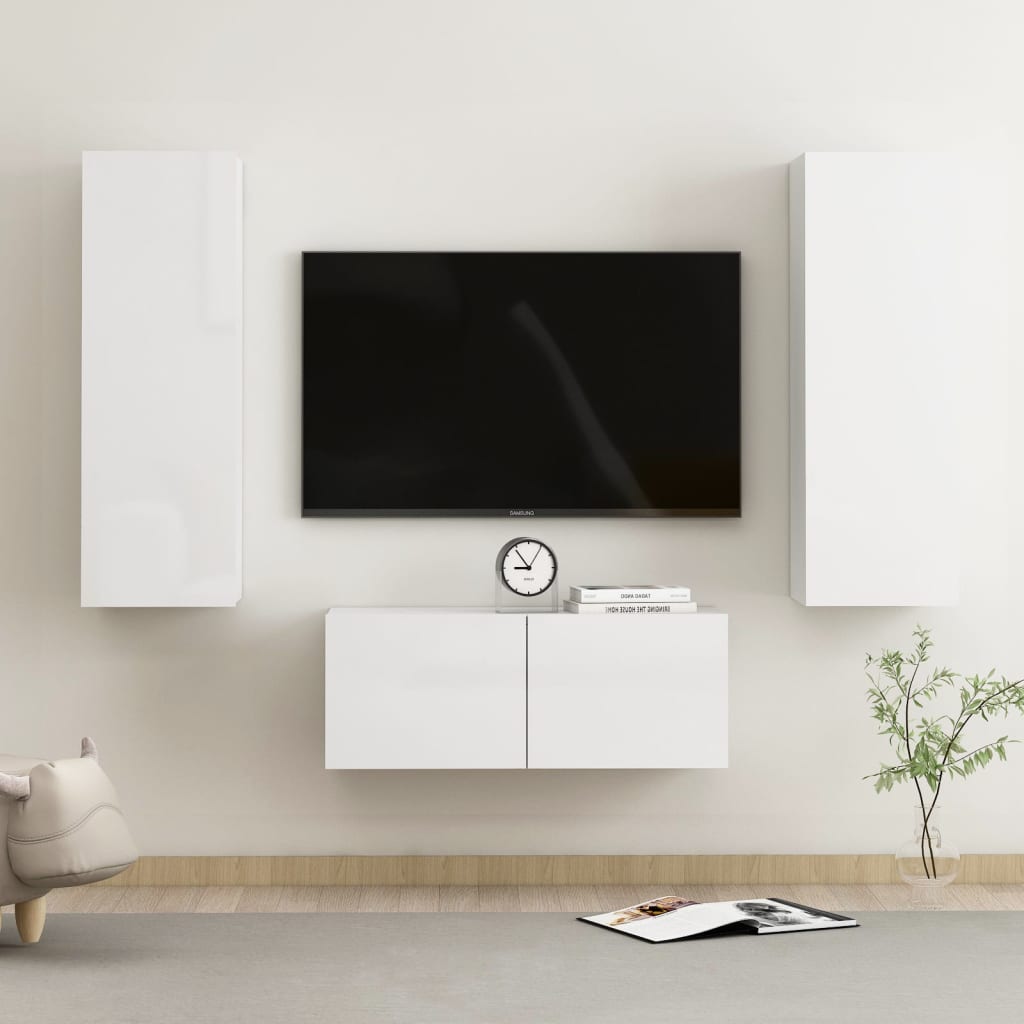 Set di Mobili Porta TV 3 pz Bianco Lucido in Legno Multistrato 3079288