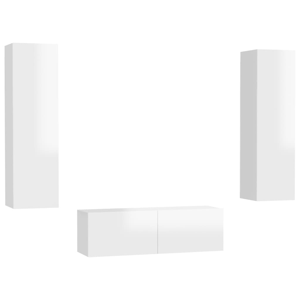 Set di Mobili Porta TV 3 pz Bianco Lucido in Legno Multistrato 3079289