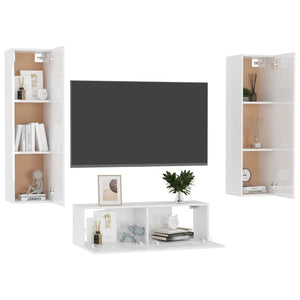 Set di Mobili Porta TV 3 pz Bianco Lucido in Legno Multistrato 3079289