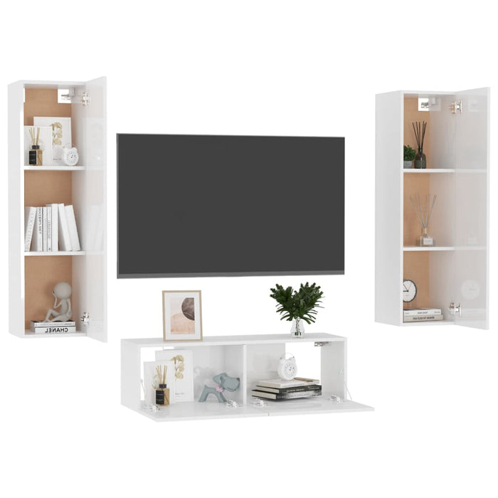Set di Mobili Porta TV 3 pz Bianco Lucido in Legno Multistrato 3079289