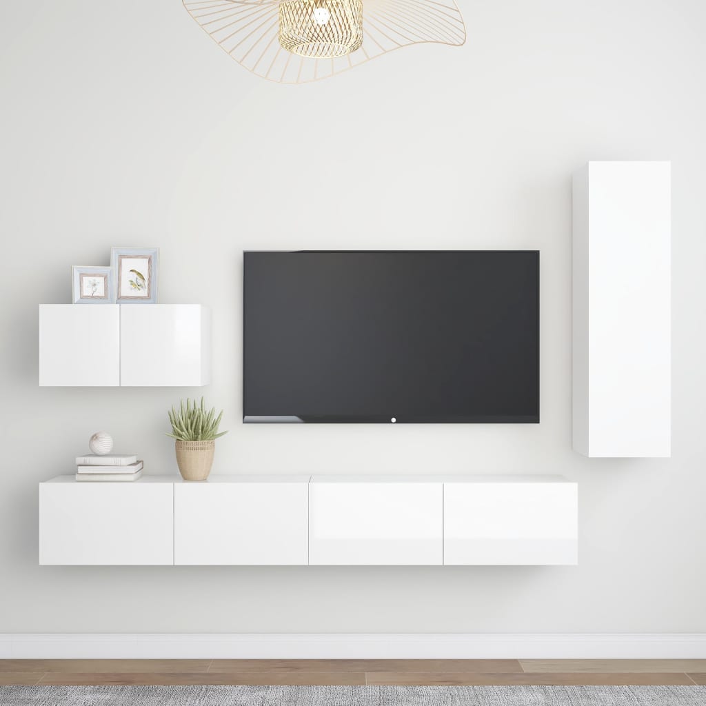 Set di Mobili Porta TV 4 pz Bianco Lucido in Legno Multistrato 3079306
