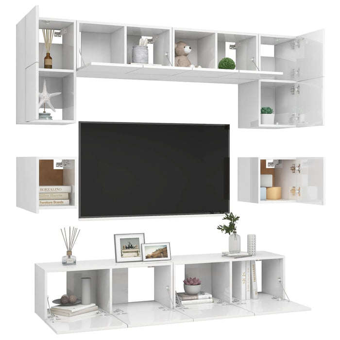 Set di Mobili Porta TV 8 pz Bianco Lucido in Legno Multistrato 3079321