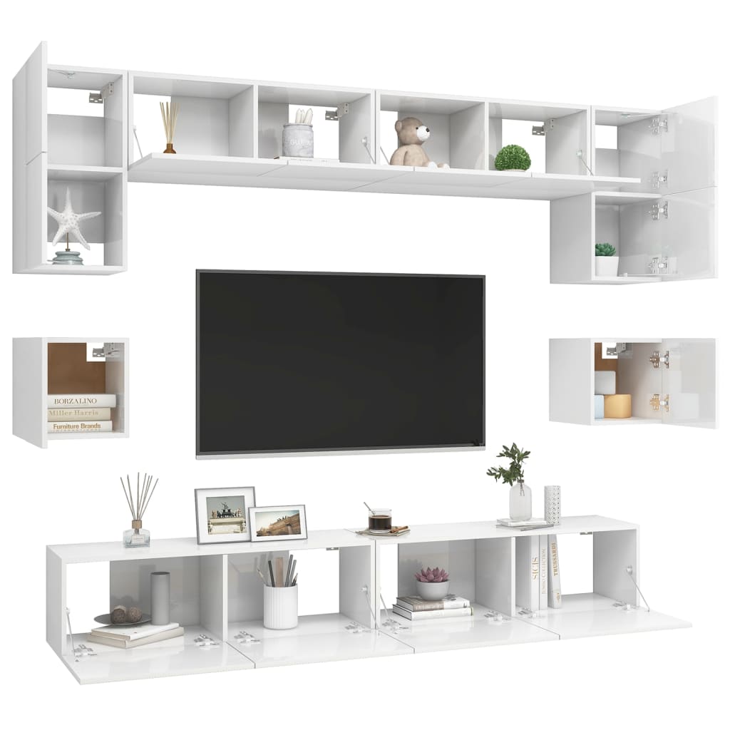 Set Mobili TV 8 pz Bianco Lucido in Truciolato cod mxl 61817
