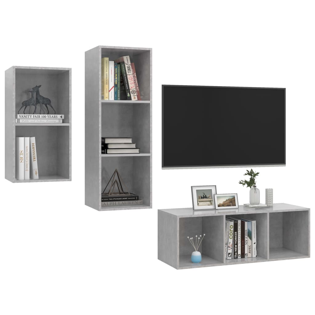 Set Mobili TV 3 pz-Set di 3 Credenza per TV Grigio Cemento in Legno Multistrato
