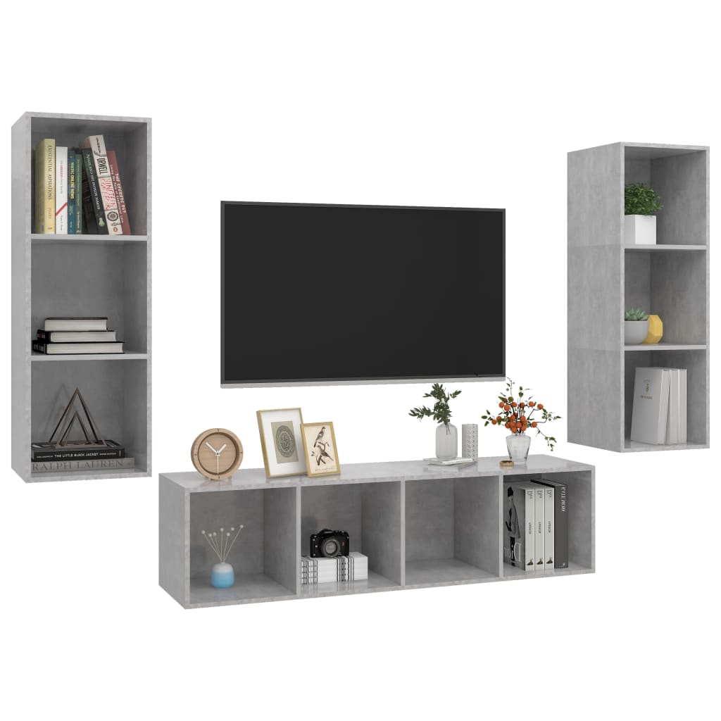 Set Porta TV 3 pz-Set di 3 Credenza per TV Grigio Cemento in Truciolato 981450