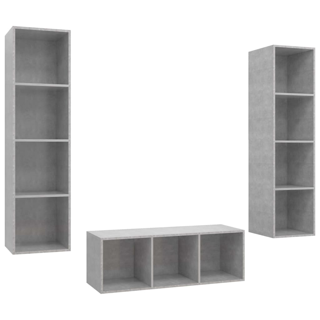Set Porta TV 3 pz-Set di 3 Credenza per TV Grigio Cemento in Truciolato 408957