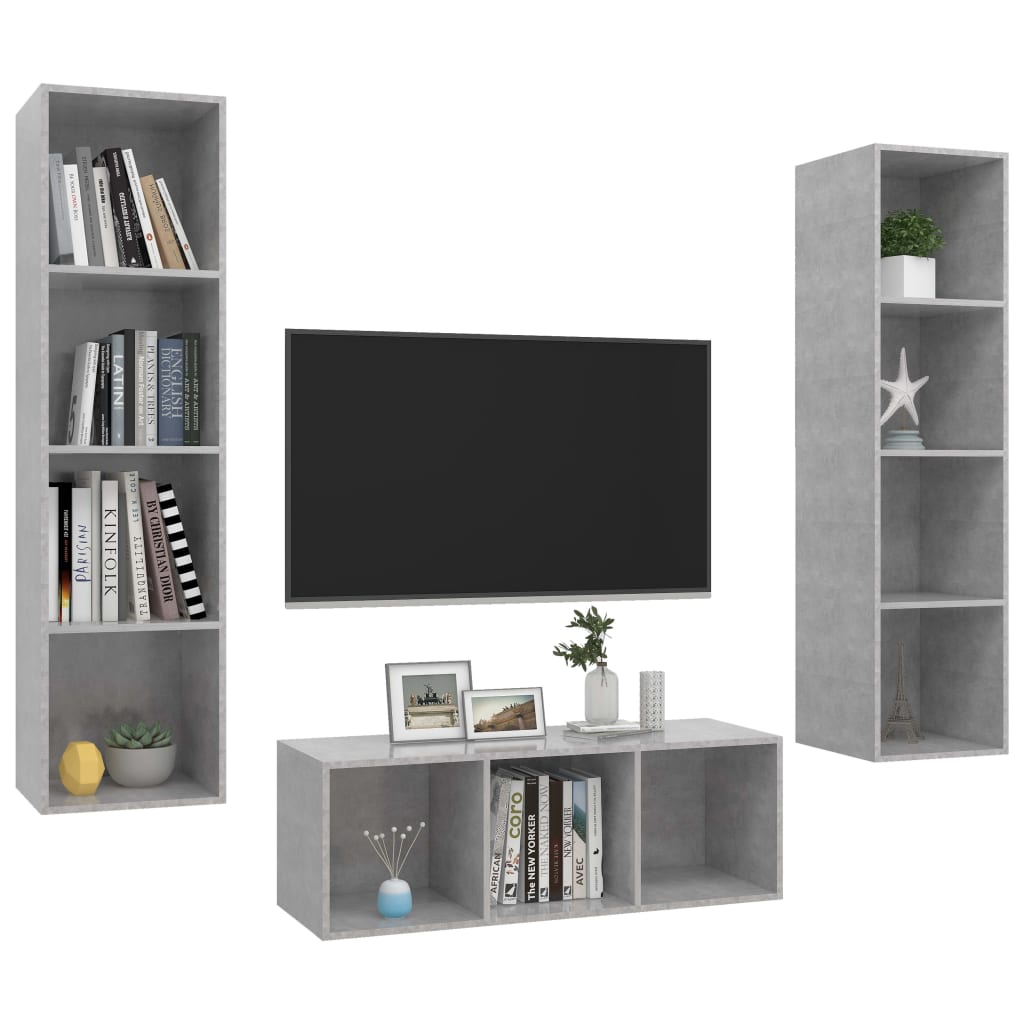 Set Porta TV 3 pz-Set di 3 Credenza per TV Grigio Cemento in Truciolato 408957