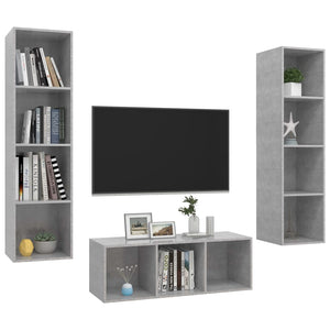 Set Porta TV 3 pz-Set di 3 Credenza per TV Grigio Cemento in Truciolato 408957