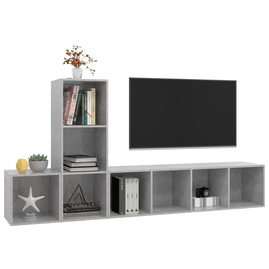 Set Porta TV 3 pz-Set di 3 Credenza per TV Grigio Cemento in Truciolato 195364