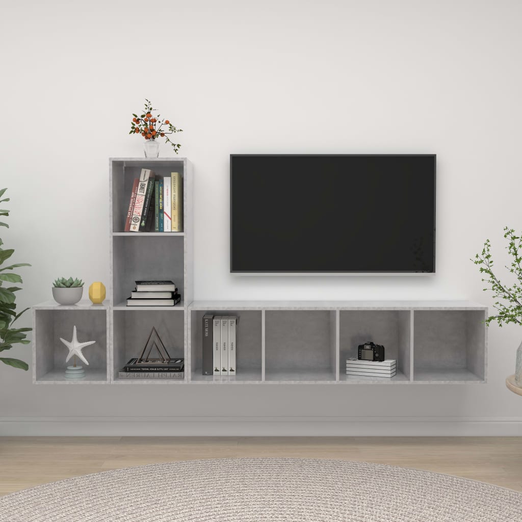 Set Porta TV 3 pz-Set di 3 Credenza per TV Grigio Cemento in Truciolato 195364