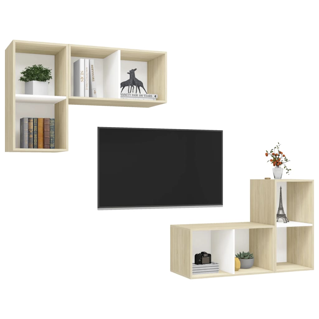 Mobile TV a Parete 4 pz Bianco e Rovere Sonoma in Truciolato 3079840