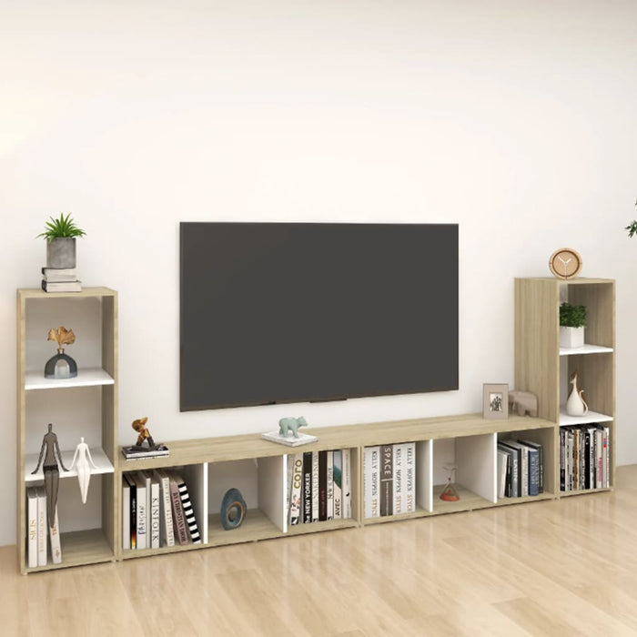 Mobili TV 4 pz Bianco e Sonoma 107x35x37cm in Legno Multistrato 3080038