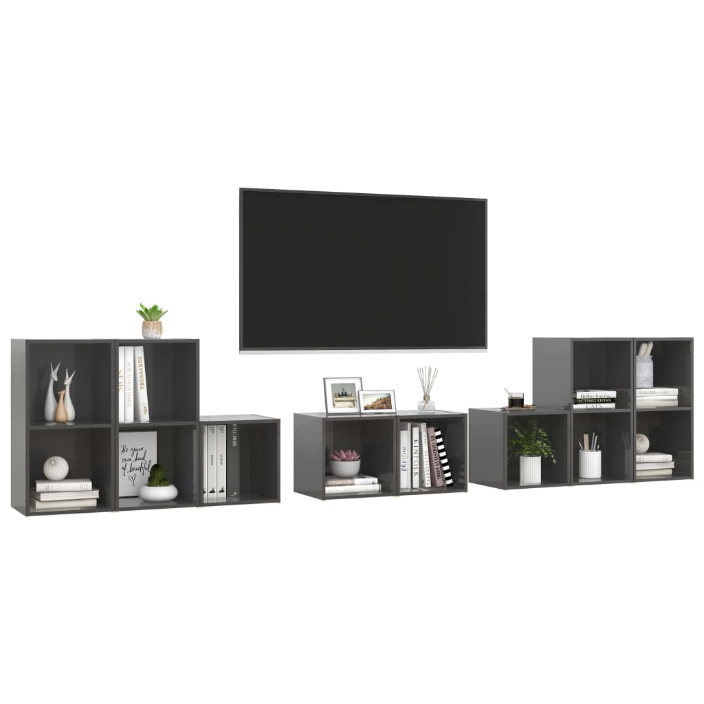 Set Mobili TV 8 pz Grigio Lucido in Legno Multistrato 3080068