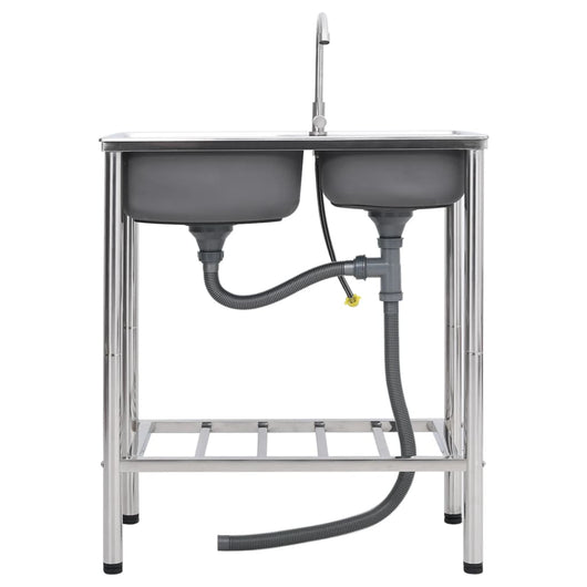 Lavello da Campeggio Vasca Doppia con Rubinetto-Lavandino-Lavabo in Acciaio Inox 614661