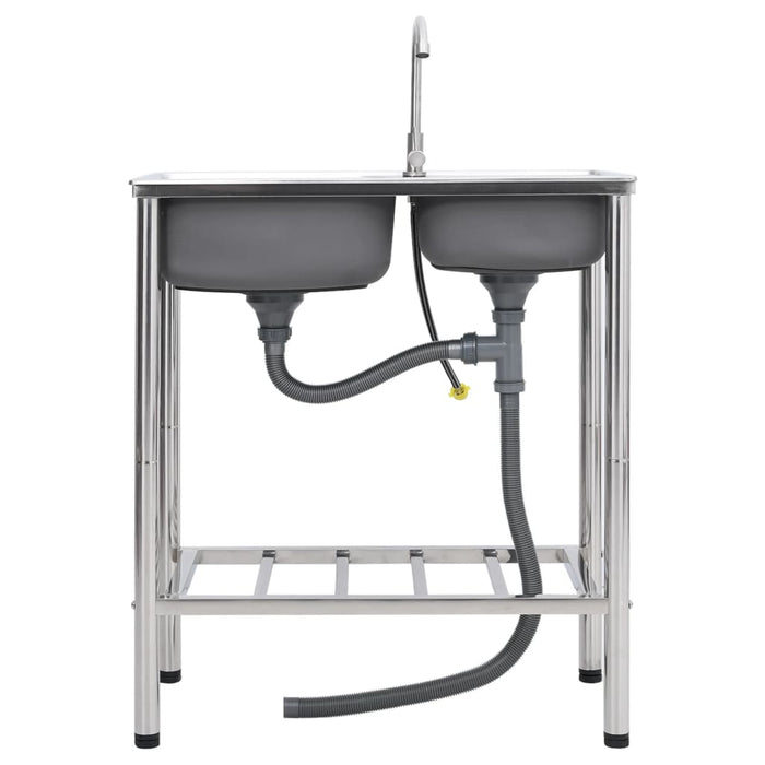 Lavello da Campeggio Vasca Doppia con Rubinetto-Lavandino-Lavabo in Acciaio Inox 614661