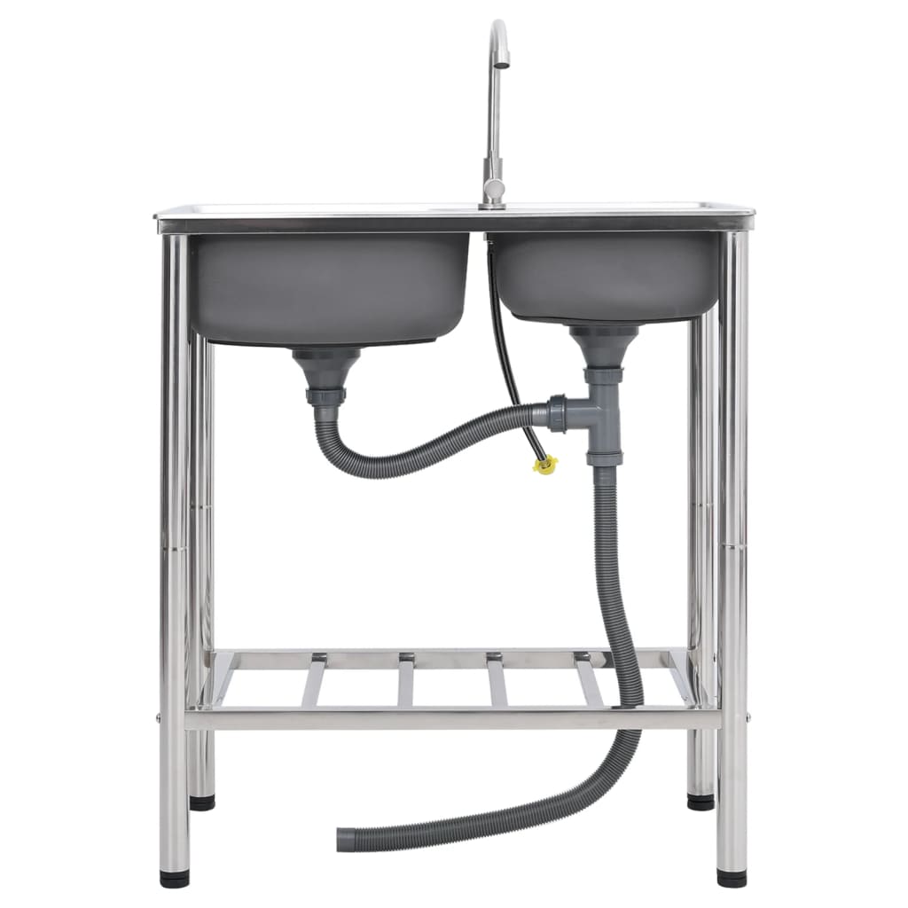 Lavello da Campeggio Vasca Doppia con Rubinetto-Lavandino-Lavabo in Acciaio Inox 614661