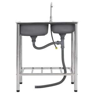 Lavello da Campeggio Vasca Doppia con Rubinetto-Lavandino-Lavabo in Acciaio Inox 614661