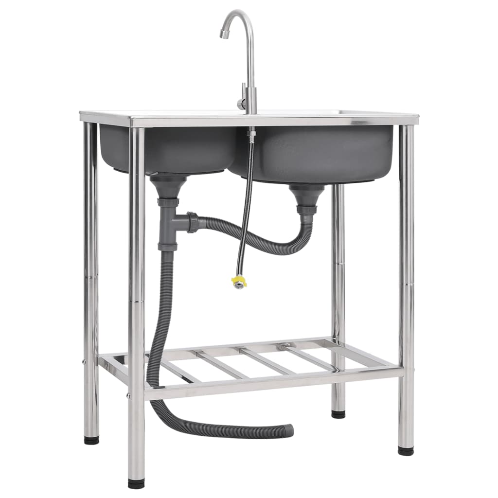 Lavello da Campeggio Vasca Doppia con Rubinetto in Acciaio Inox