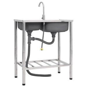 Lavello da Campeggio Vasca Doppia con Rubinetto in Acciaio Inox