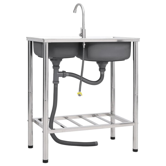 Lavello da Campeggio Vasca Doppia con Rubinetto in Acciaio Inox