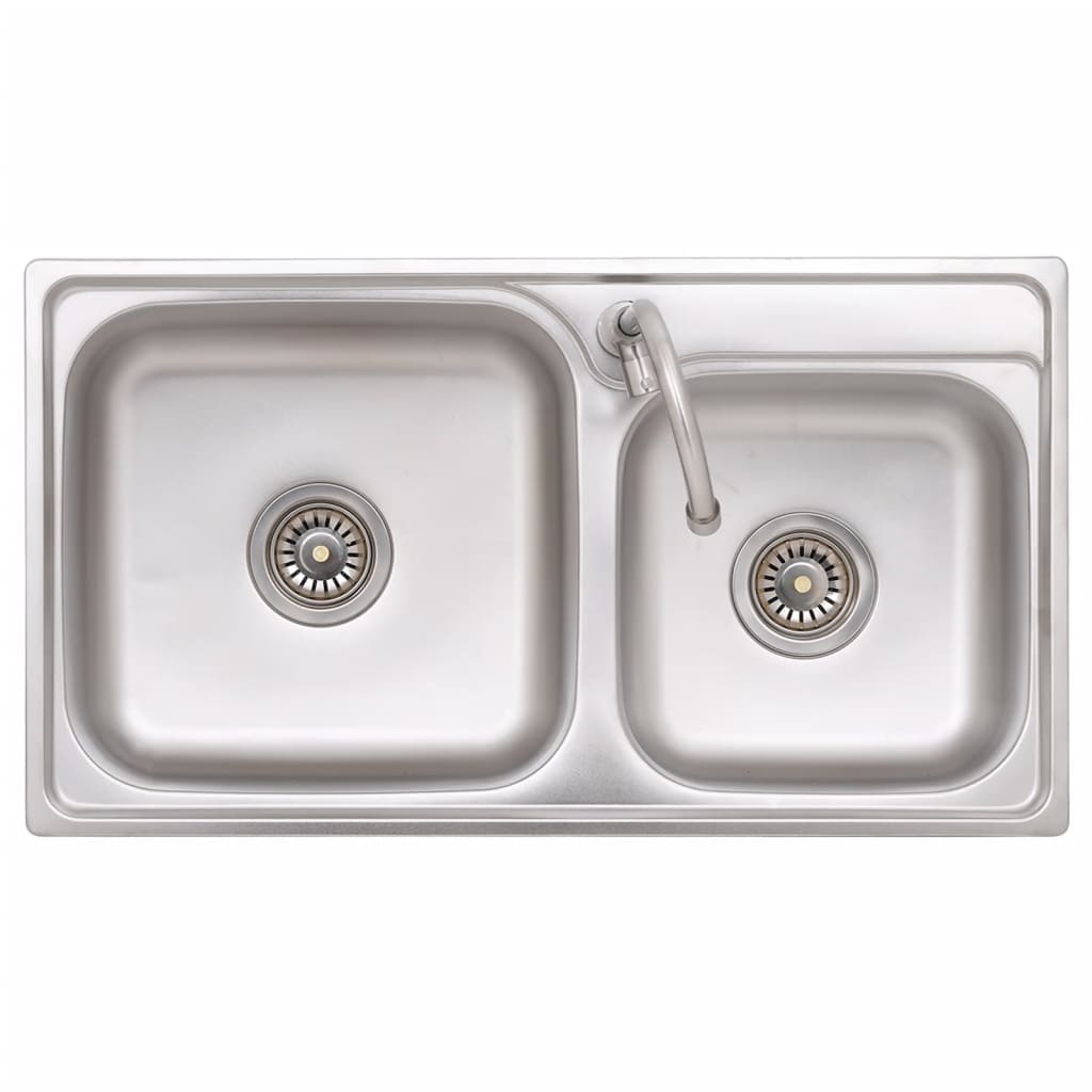 Lavello da Campeggio Vasca Doppia con Rubinetto-Lavandino-Lavabo in Acciaio Inox 614661