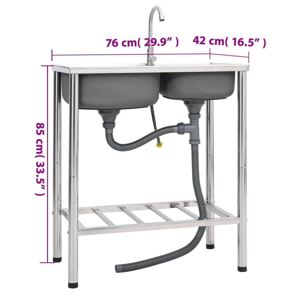 Lavello da Campeggio Vasca Doppia con Rubinetto in Acciaio Inox