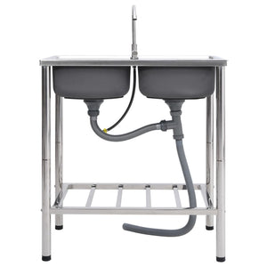 Lavello da Campeggio Vasca Doppia con Rubinetto-Lavandino-Lavabo in Acciaio Inox 119266