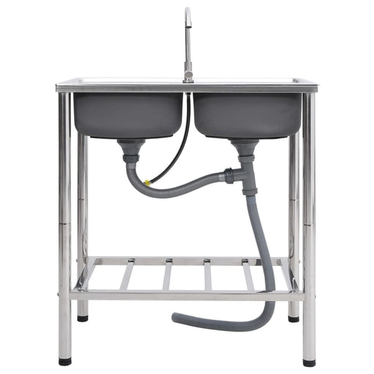 Lavello da Campeggio Vasca Doppia con Rubinetto-Lavandino-Lavabo in Acciaio Inox 119266