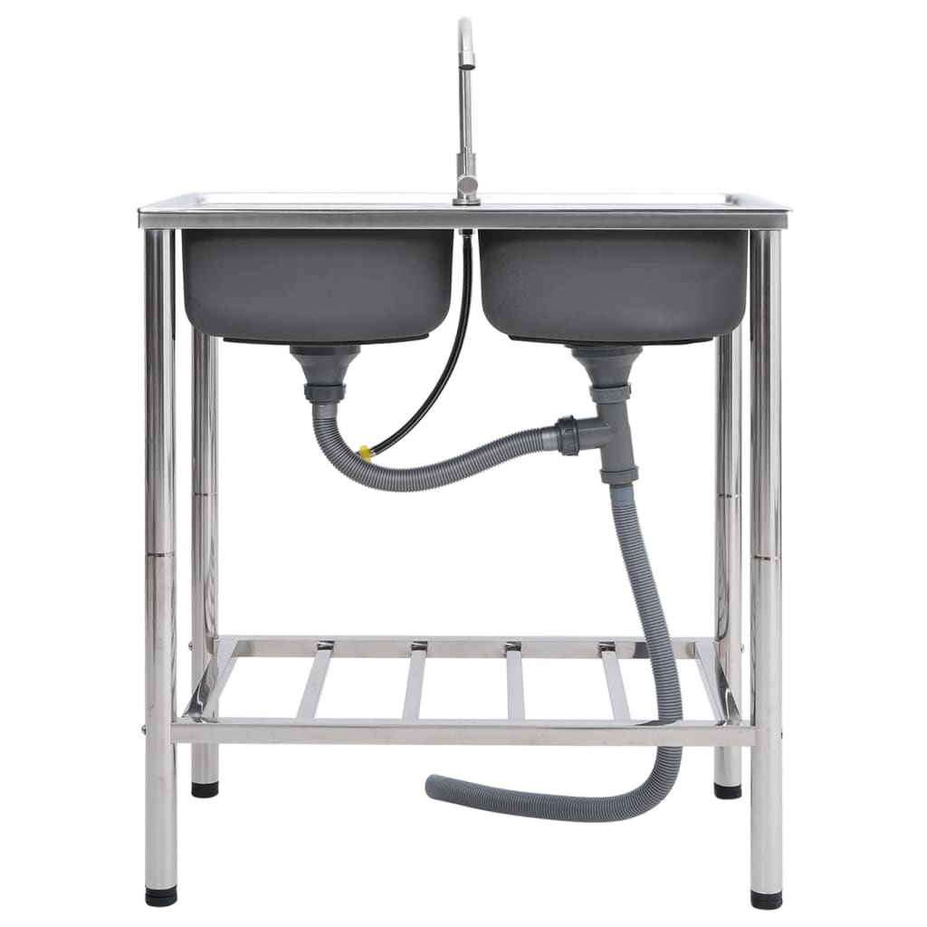 Lavello da campeggio doppio lavello con rubinetto lavello da cucina lavello da garage lavello da esterno antivegetativo 78 x 43 cm acciaio inox 02_0002437