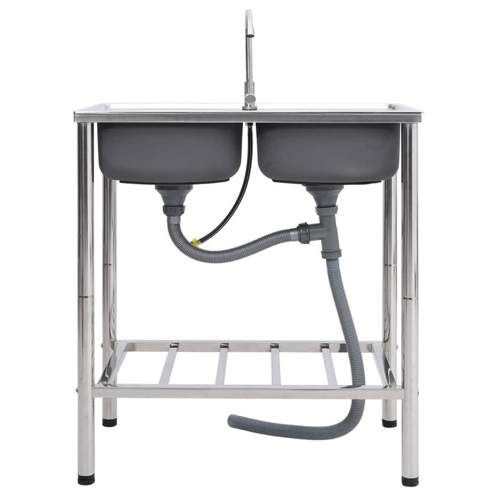 Lavello da campeggio doppio lavello con rubinetto lavello da cucina lavello da garage lavello da esterno antivegetativo 78 x 43 cm acciaio inox 02_0002437