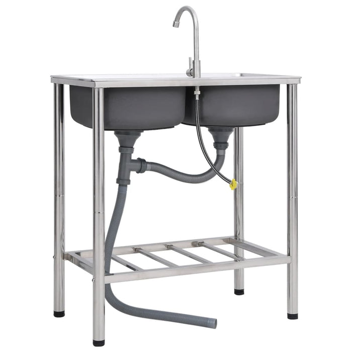 Lavello da campeggio doppio lavello con rubinetto lavello da cucina lavello da garage lavello da esterno antivegetativo 78 x 43 cm acciaio inox 02_0002437