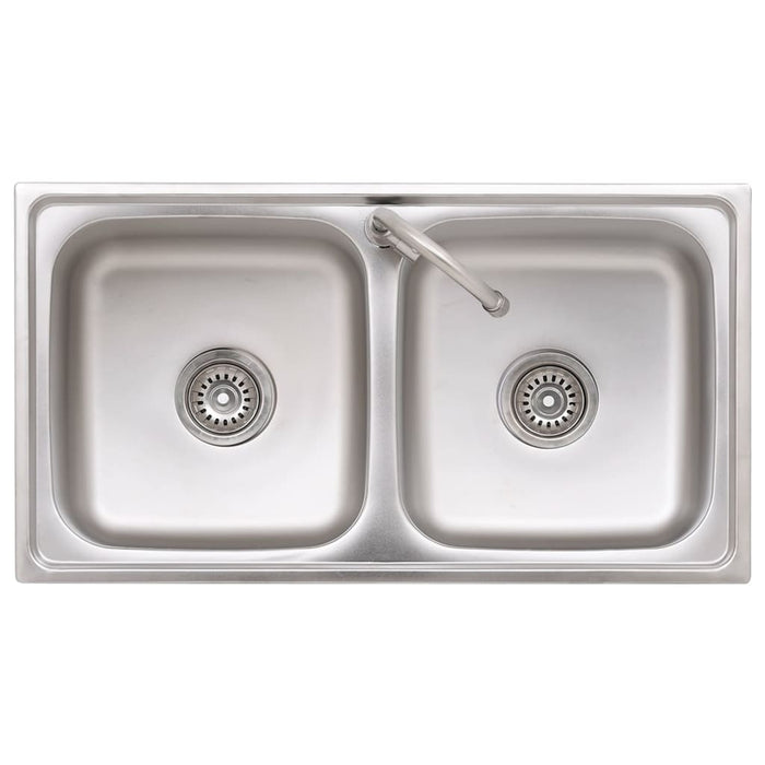 Lavello da Campeggio Vasca Doppia con Rubinetto-Lavandino-Lavabo in Acciaio Inox 119266
