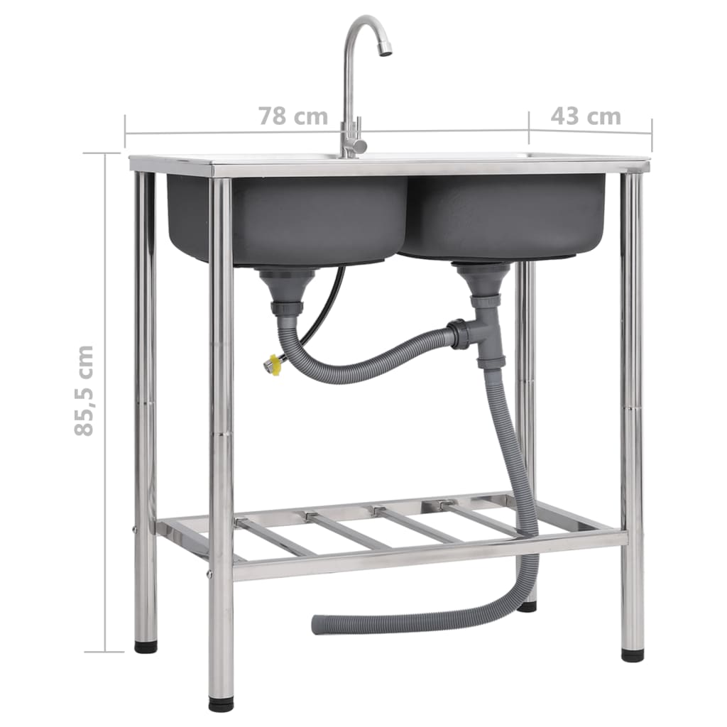 Lavello da campeggio doppio lavello con rubinetto lavello da cucina lavello da garage lavello da esterno antivegetativo 78 x 43 cm acciaio inox 02_0002437