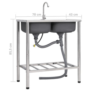 Lavello da campeggio doppio lavello con rubinetto lavello da cucina lavello da garage lavello da esterno antivegetativo 78 x 43 cm acciaio inox 02_0002437