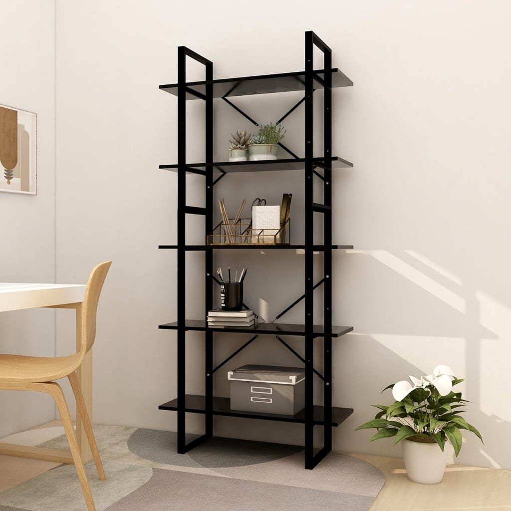 Libreria a 5 Ripiani Nera 80x30x175 cm in Truciolato