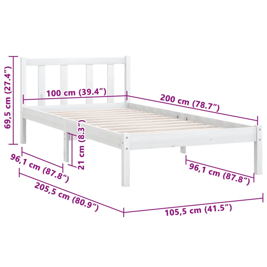 Giroletto-Struttura Letto Bianco in Legno Massello di Pino 100x200 cm 303564