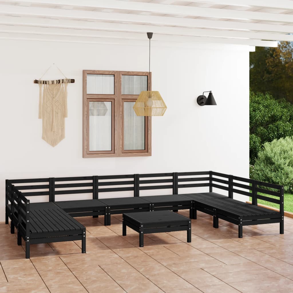 Set Divani da Giardino 10 pz Nero in Legno Massello di Pino cod mxl 36828