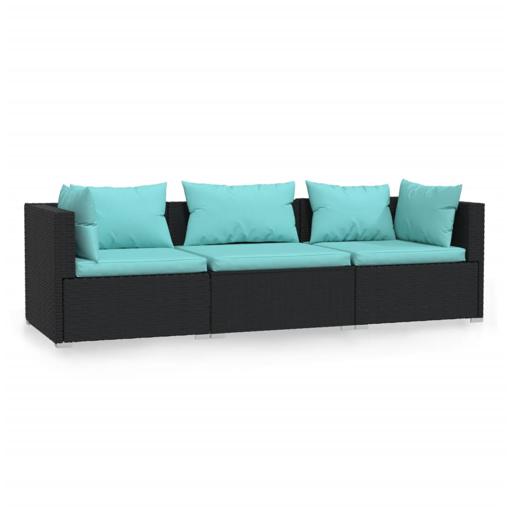Divano a 3 Posti con Cuscini in Polyrattan Nero 317533