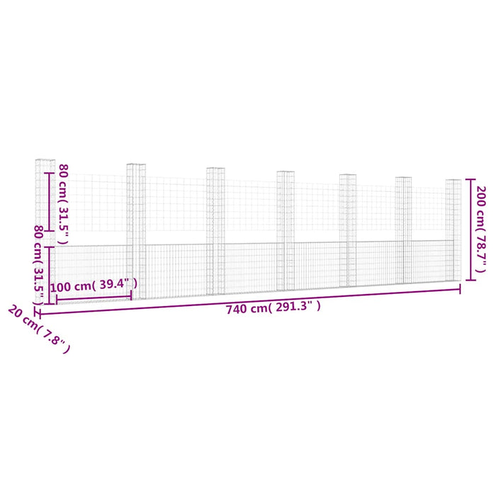 Gabbione a U con 7 Pali in Ferro 740x20x200 cm