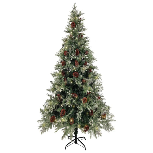 Albero di Natale con Luci e Pigne Verde e Bianco 225cm PVC e PE 3094566