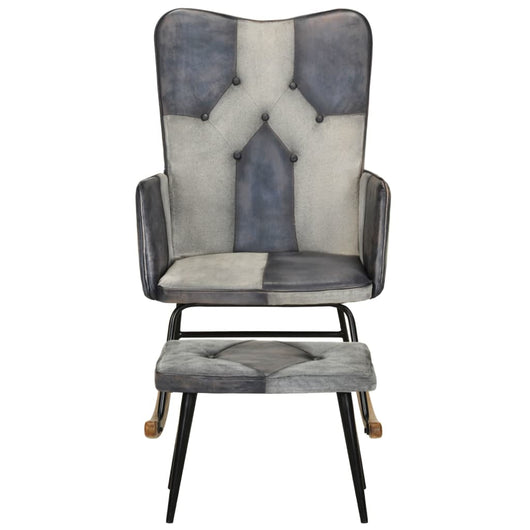 Sedia a Dondolo con Poggiapiedi Grigio in Vera Pelle e Tela 339709