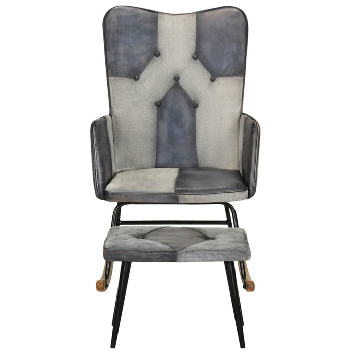 Sedia a Dondolo con Poggiapiedi Grigio in Vera Pelle e Tela 339709