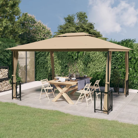 Gazebo con Teli Laterali e Doppio Tetto 3x4 m Tortora 318545