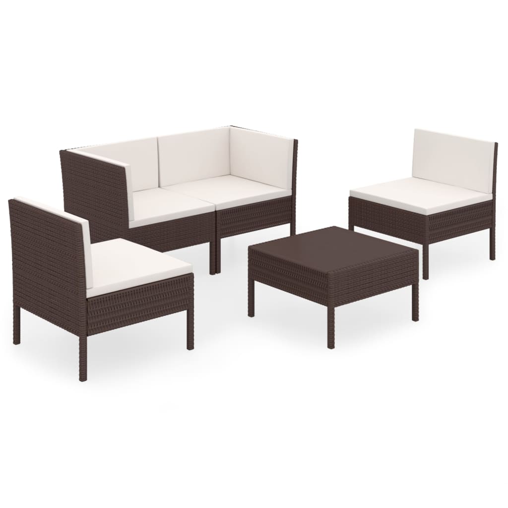 Set Divani da Giardino 5 pz con Cuscini in Polyrattan Marrone cod mxl 38299