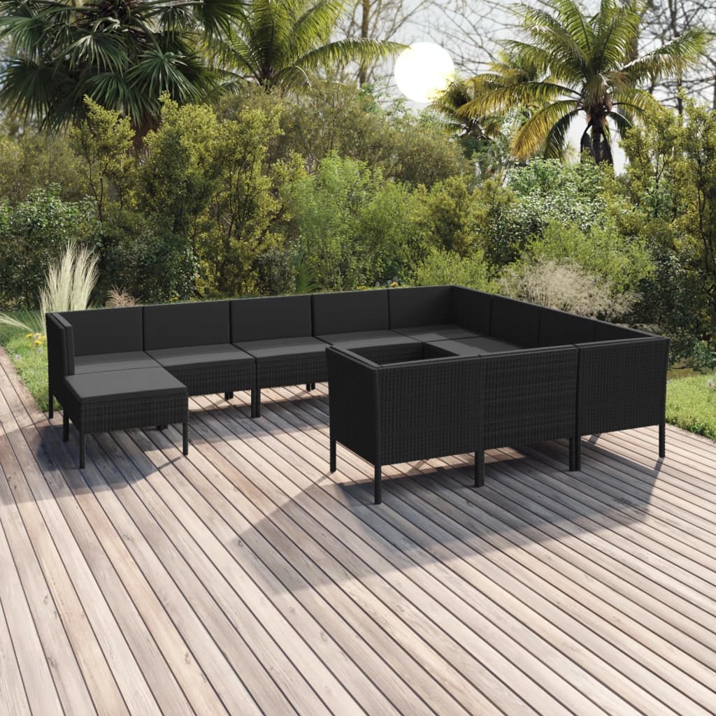 Set Divani da Giardino 11 pz con Cuscini in Polyrattan Nero 3094509