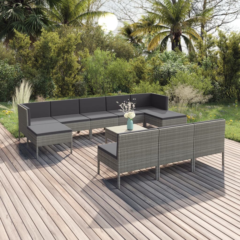 Set Divani da Giardino 11 pz con Cuscini in Polyrattan Grigio 3094574