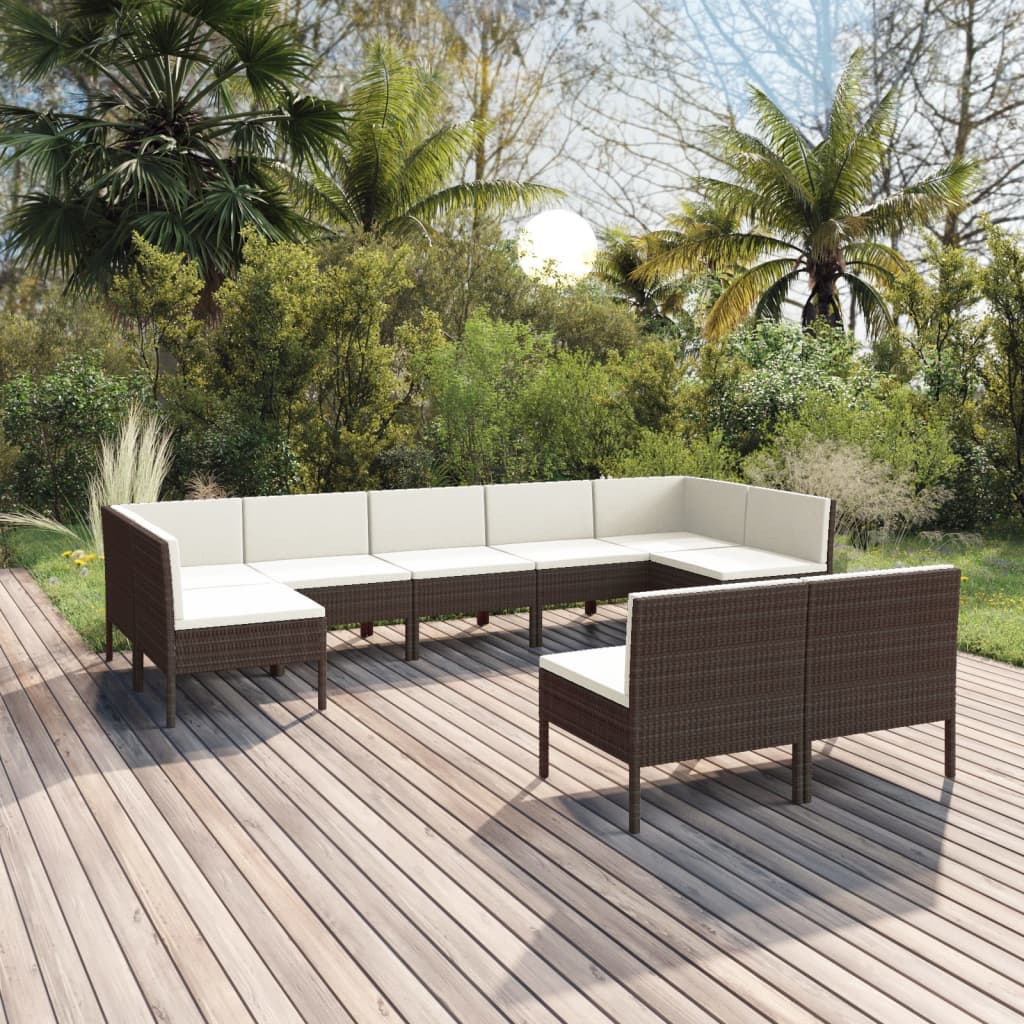 Set Divani da Giardino 9 pz con Cuscini in Polyrattan Marrone 3094603