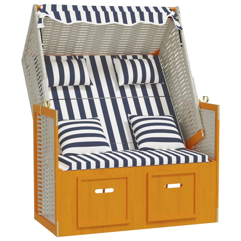 Strandkorb con Cuscini Polyrattan e Legno Massello Bianco e Blu
