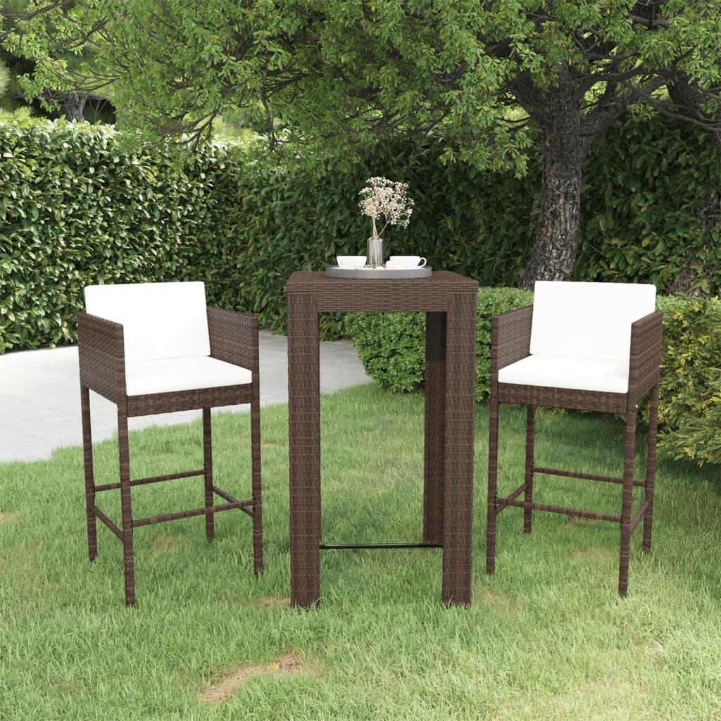 Set Bar da Giardino 3 pz con Cuscini Polyrattan Marrone 3094777