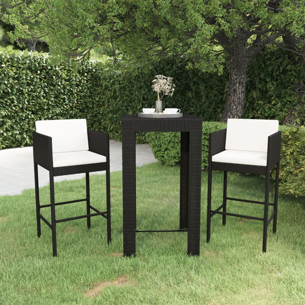 Set Bar da Giardino 3 pz con Cuscini Polyrattan Nero 3094778